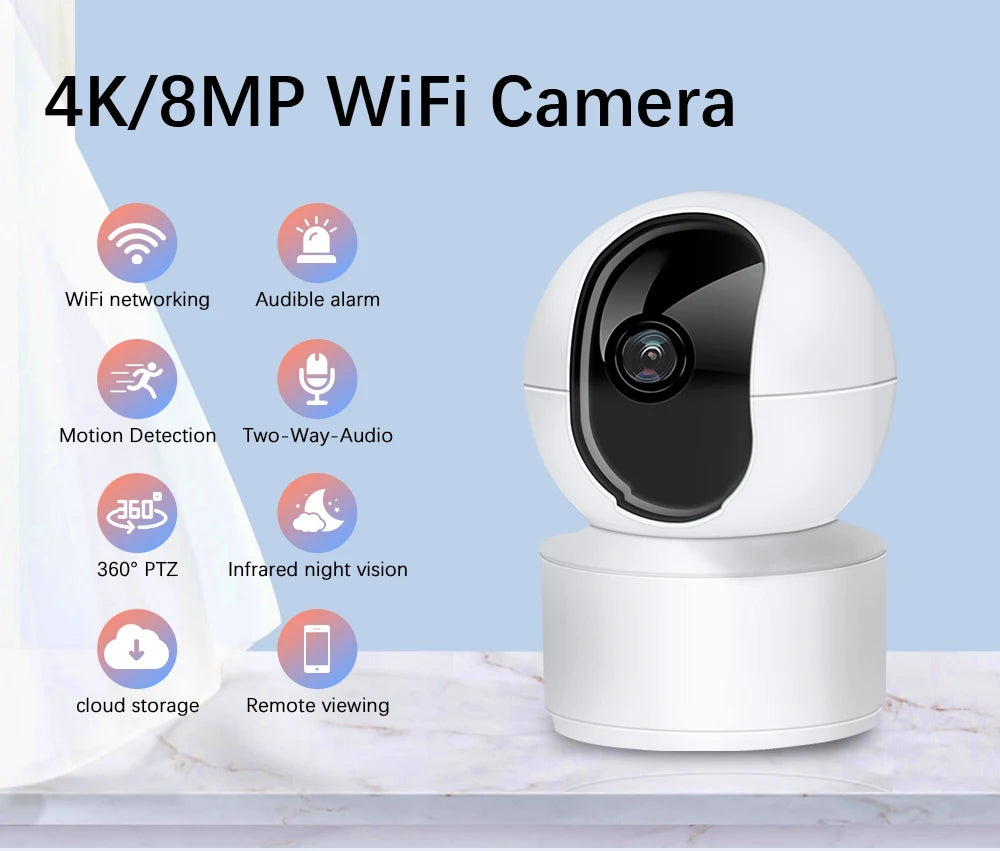 8MP 4K WiFi Security Camera Home Indoor Baby/Elderly Monitor AI Automatic Tracking Night Vision Audio CCTV Security Camera