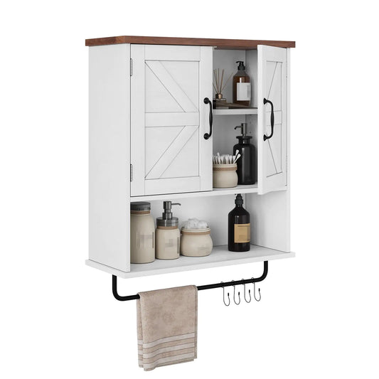 Smart FENDEE Bathroom Wall Cabinet Farmhouse Medicine Cabinet with Towel Bar & Hooks Wall Mounted Cabinet with Adjustable Shelf White Bathroom Cabinet Wall Mount for Laundry