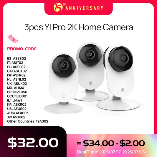 YI Pro 3pc Kits 2K Home Camera Wi-Fi IP Security Surveillance Smart System with Night Vision Baby Monitor on iOS, Android App
