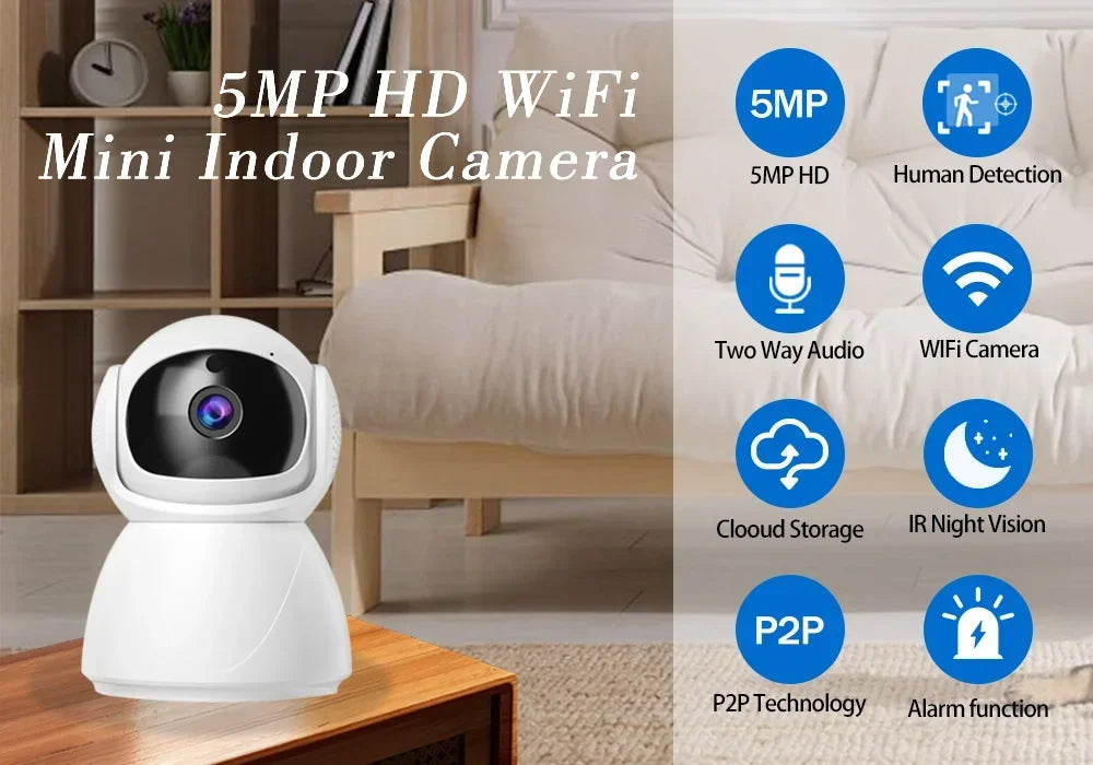 Mini Smart 5MP Wifi Camera IR Night Vision IP Indoor Home Video Camera Security Protection PIR Human Detection Baby Monitor
