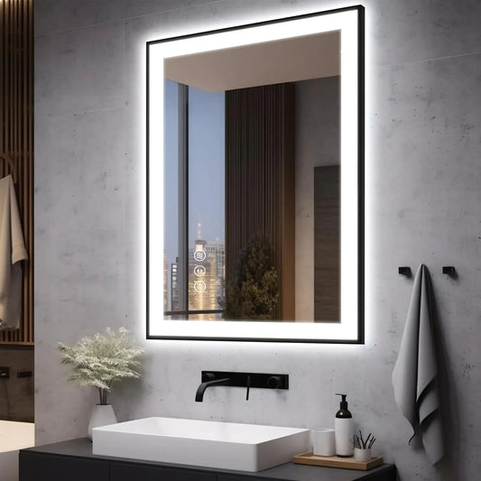 EchosLife 28x36 LED Bathroom Mirror for Wall -Black Aluminum Framed (Front and Backlit) Anti-Fog Vanity Mirror with LightsStepless Dimmable Lighted Mirror3 Colors Smart Mirror(Horizontal/Vertical)
