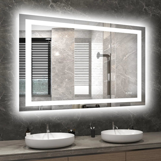 Hivone LED Bathroom Mirror with Lights 40x34 Wall Vanity LED Mirror Stepless DimmableDouble Front and BacklightAnti-FogMemory Smart Mirror for Bathroom