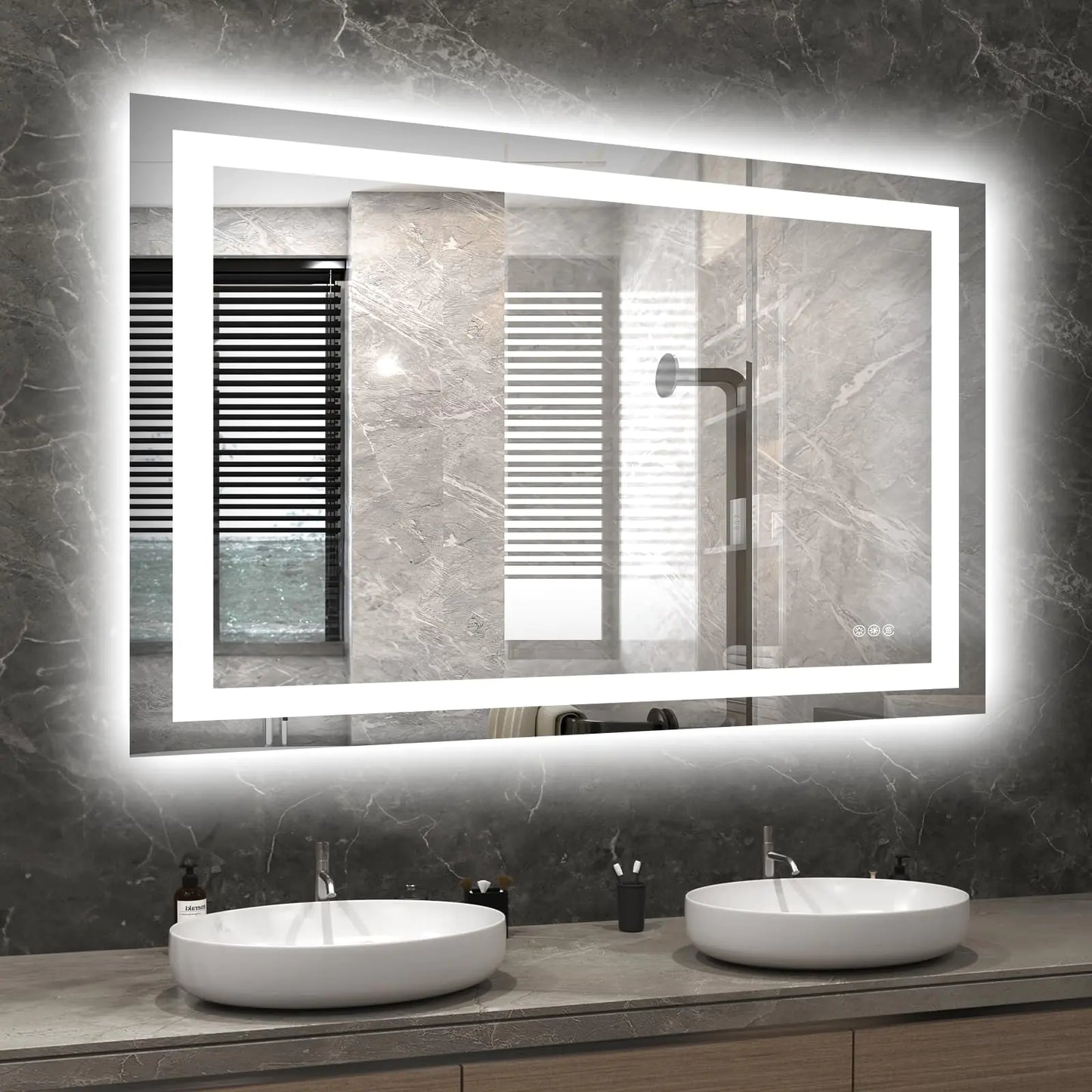 Hivone LED Bathroom Mirror with Lights 40x34 Wall Vanity LED Mirror Stepless DimmableDouble Front and BacklightAnti-FogMemory Smart Mirror for Bathroom