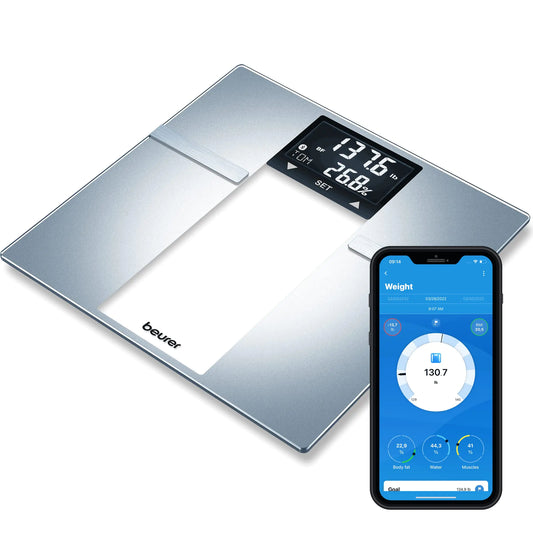 Beurer BF720 Smart Scale for Body Weight Body Fat Body Water & More – 400 lb Capacity Bluetooth App Calorie Data User Recognition XL LCD Display Glass Digital Bathroom Scale – Grey
